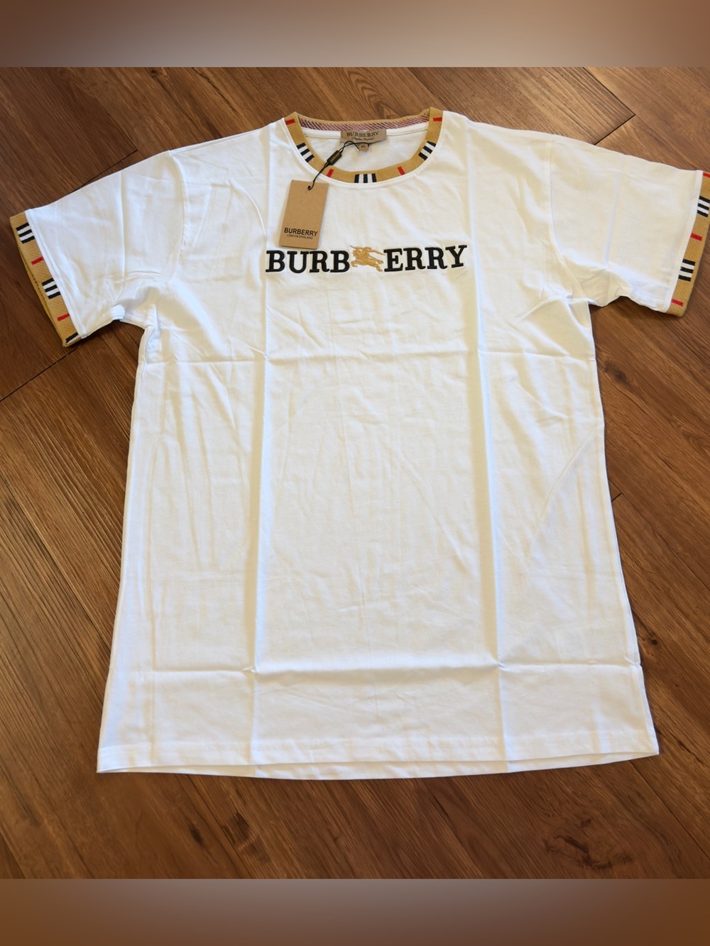 Burberry White Logo T-Shirt with Check Trim